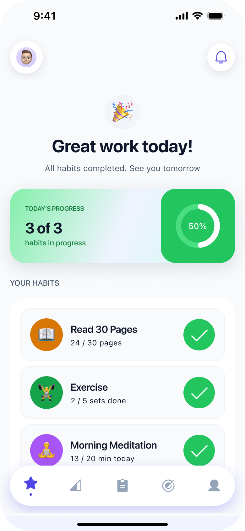 Habit Tracker today tab all complete